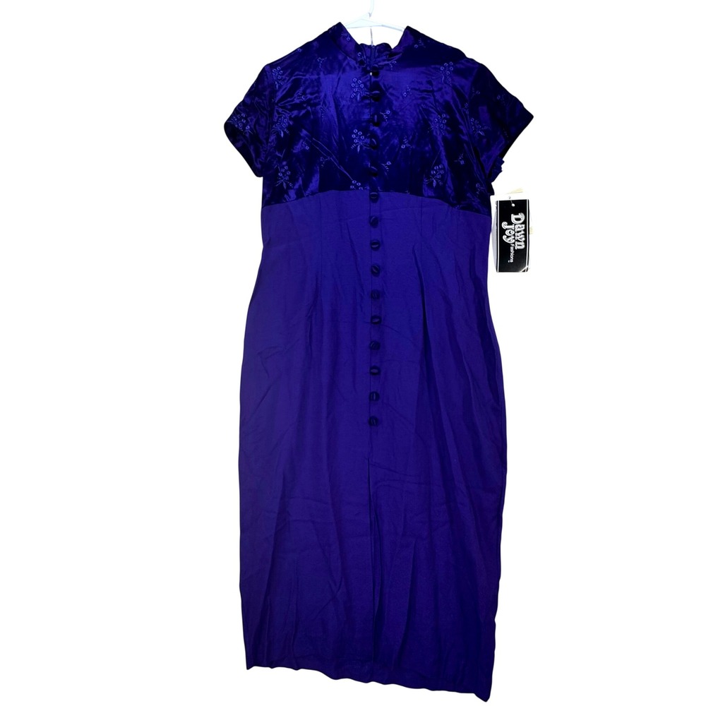 Vintage Dawn Joy Sheath Dress Womens 16 Blue Embroidered Satin 90s NWT Retro‎
